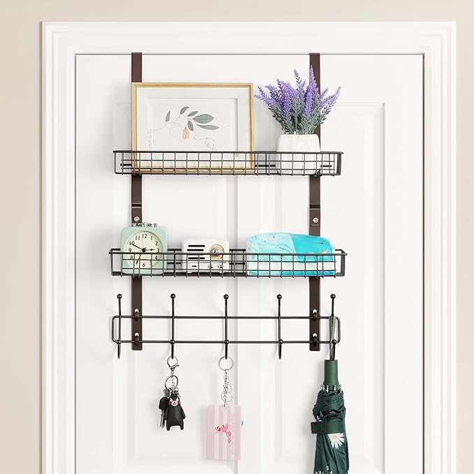 OYEAL Over The Door Hook Rack with 5 Hooks 2 Baskets Steel, Sturdy Durable Coat Rack Towel Hooks Hanging Organizer Shelves fo