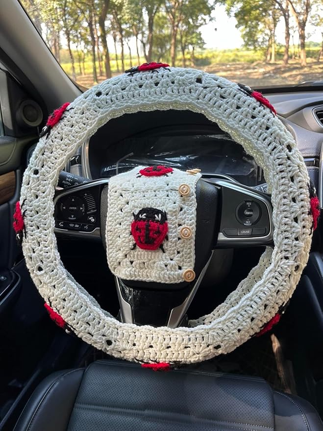 Crochet Ladybug Steering Wheel Cover Universal 14-15 inch (A,Wheel Cover+2 Belt Cover)