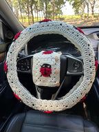Crochet Ladybug Steering Wheel Cover Universal 14-15 inch (A,Wheel Cover+2 Belt Cover)