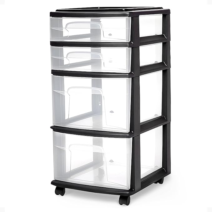 HOMZ Drawer Tower, 4-Tier Clear Plastic Storage Organizer Cart, Black Frame - Multi-Purpose Rolling Drawers with Wheels for B