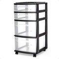 HOMZ Drawer Tower, 4-Tier Clear Plastic Storage Organizer Cart, Black Frame - Multi-Purpose Rolling Drawers with Wheels for B