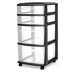 HOMZ Drawer Tower, 4-Tier Clear Plastic Storage Organizer Cart, Black Frame - Multi-Purpose Rolling Drawers with Wheels for B