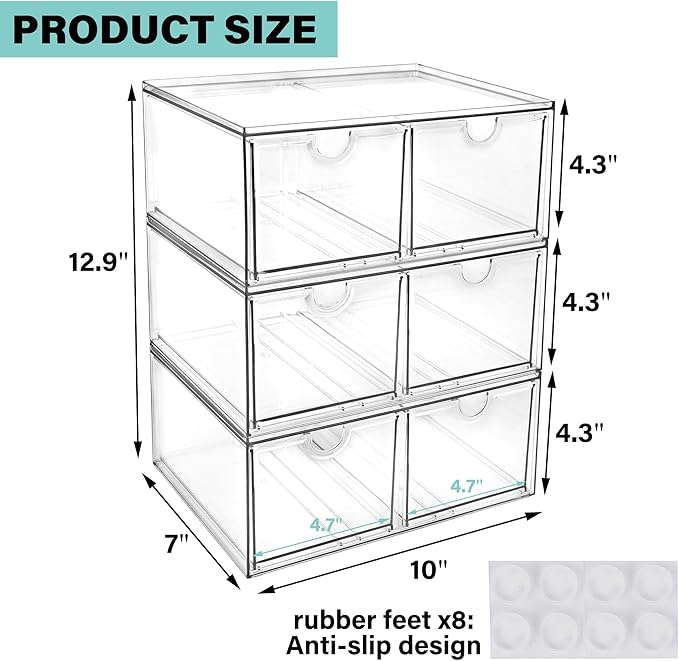 Prsildan Stackable Clear Makeup Organizer, 3 Pack Acrylic Storage Drawers with 6 Drawers for Vanity Bathroom Office Desk Modu