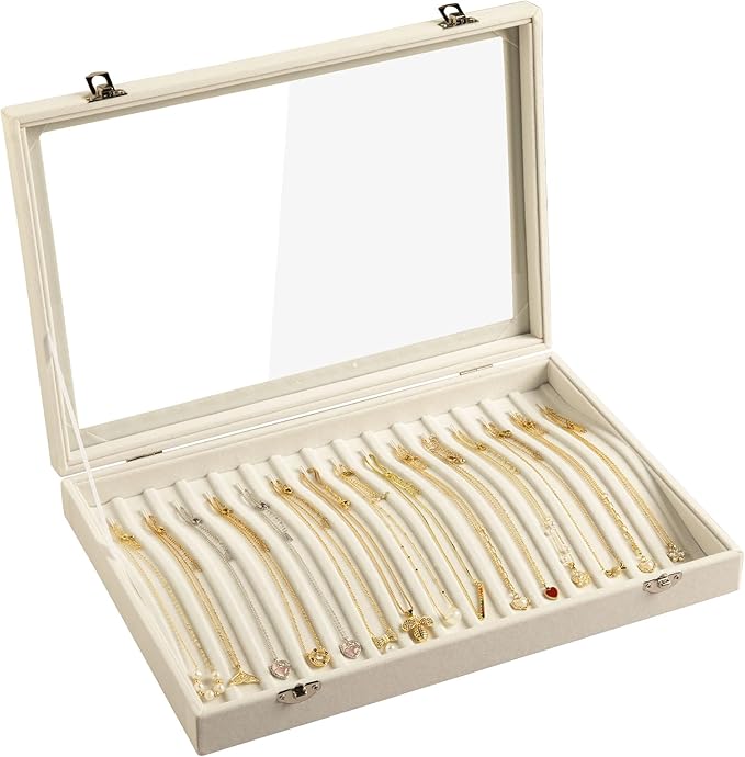 Frebeauty 15 Hooks Necklace Tray Velvet Neckalce Organizer with Clear Lid Lockable Necklace Holder Box Jewelry Organizer for 