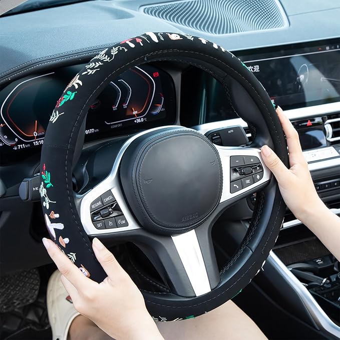 Embroidered Mushroom Snail Cute Steering Wheel Cover, Auto Anti-Slip Breathable Steering Wheel Protector,Mushroom Car Accessories for Women,Universal Size Fit Most Cars -15 inch