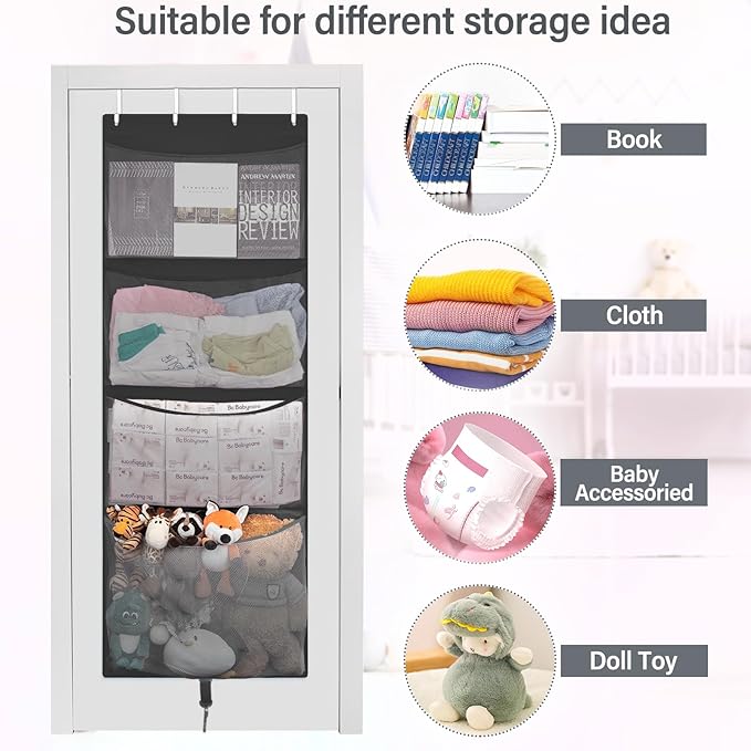 Woodoulogy Hanging Stuffed Animal Storage, Over Door Large Plush Toy Organizer with Metal Hook, Baby Accessory Holder Idea fo