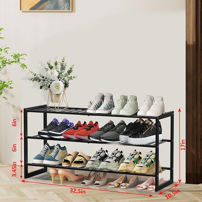 Jripae Bamboo Shoe Rack for Closet, Stackable 3 Tier Longer Shoe Organizer Shelf Holder Storage 12-15 Pairs for Entryway Door