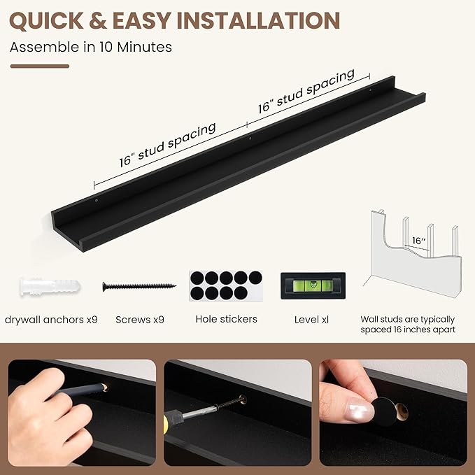 Fun Memories Picture Ledge Shelf, Black Floating Shelves Set of 4, 40 Inch Picture Shelves for Wall with Ledge, Large Nursery