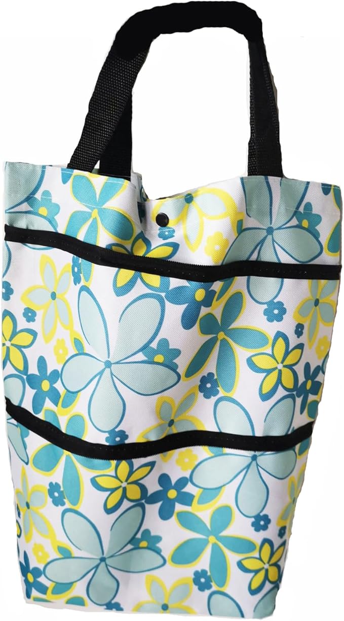 Reusable Grocery Bags with Waterproof Coating and Folding Wheels - Foldable Tote Bags for Shopping, Multi-Purpose Storage for Groceries（Light Blue Flower）