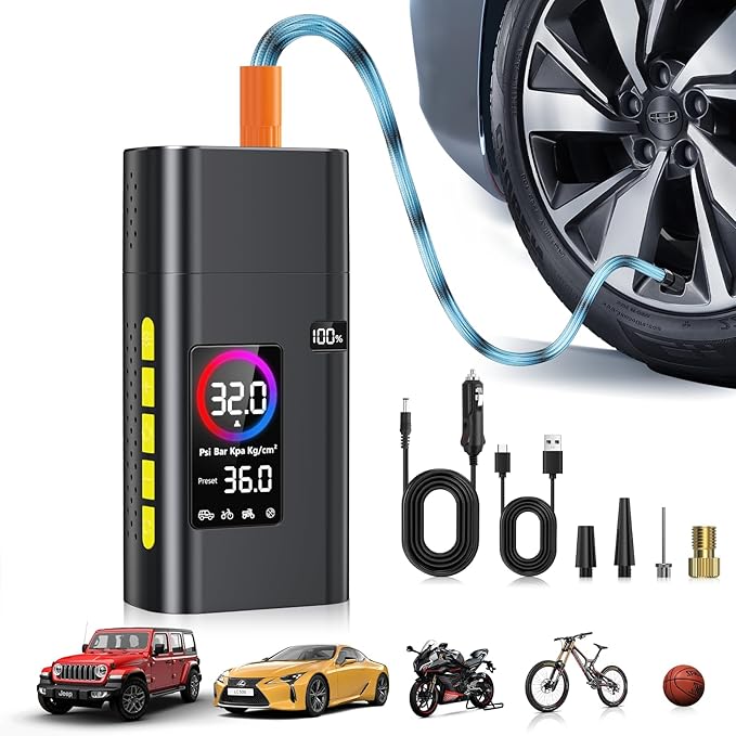 180psi Tire Inflator Portable Air Compressor,26000mah Air Pump For Car Tires,5x Fast Bicycle Pump With Digital Lcd Pressure Gauge/Led Light/Power Bank, Bike, Motorcycle（Black)
