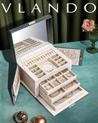 Vlando Jewelry Box for Girls, 4-Tier Jewelry Organizer with Lock, Mirror Jewelry Box for Earring, Ring, Necklace and Bracelet