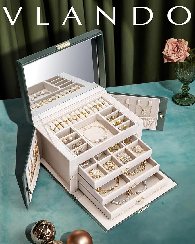 Vlando Jewelry Box for Girls, 4-Tier Jewelry Organizer with Lock, Mirror Jewelry Box for Earring, Ring, Necklace and Bracelet
