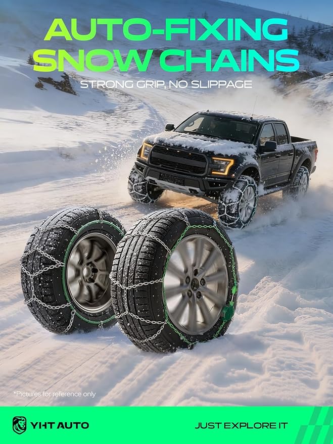 YHTAUTO Set of 2 Snow Chains 16mm for Pickup Truck SUV Passenger Car Universal Fit Tire Chains Auto-Tightening Quick Installa