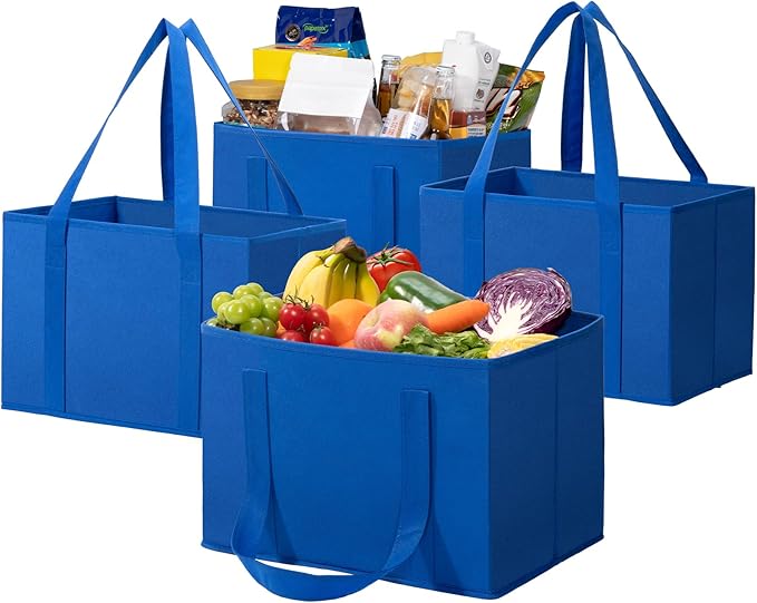 Lifewit Reusable Grocery Bags, Heavy Duty Foldable Shopping Bags with Reinforced Handles, Extra Large Utility Tote Stay Open, Sturdy Standing Carry Box for Kitchen, Car Trunk, 24L Blue, 4 Packs