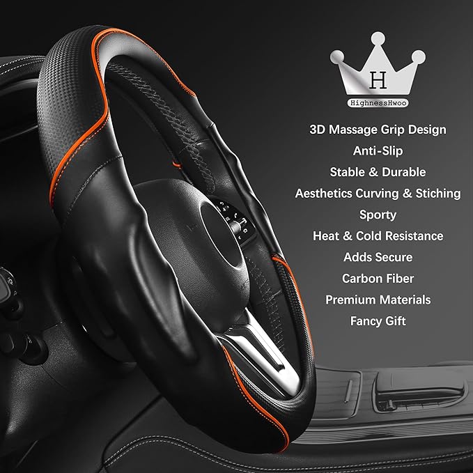 HighnessHwoo 3D Car Steering Wheel Cover Comfort Grip Massage Sporty Anti-Slip Carbon Fiber Faux Leather for F150, Trucks, Je