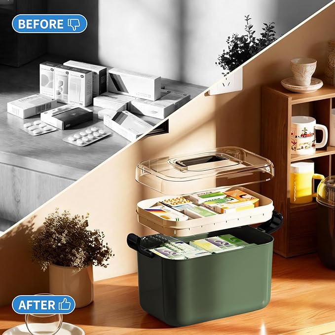 2 Tiers Medicine Organizer - Portable Medicine Storage Box with Handle, Large Capacity Plastic Medical Cabinet, Multipurpose 