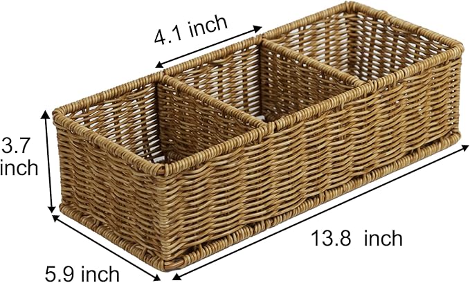 Waterproof Wicker Basket With 3 Compartments, Hand Woven Bathroom Counter Organizer, Small Storage Basket for Toilet Paper St