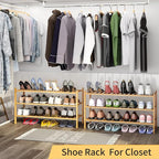 Long Shoe Rack, 3-Tier Bamboo Stackable Shoe Shelf Storage Organizer, Shoe Stand for Closet, Entryway and Hallway