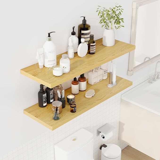 Dreamland 40" Floating Shelves for Wall, 12" Deep Slim Oak Floating Shelves, Wall-Mounted Shelves for Bedroom, Living Room, K