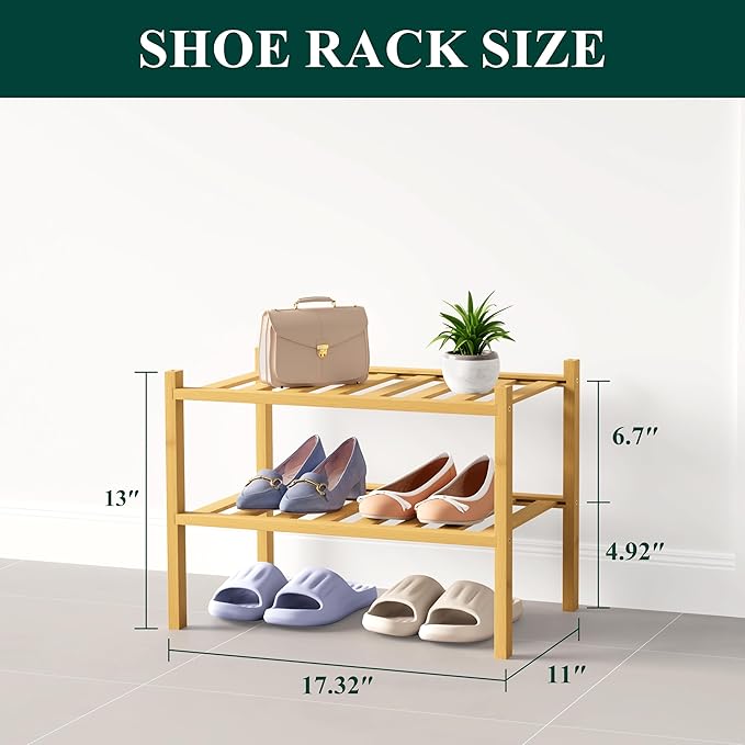 Smiry Bamboo Shoe Rack for Closet, 2 Tier Small Wooden Stackable Shoe Organizer, Free Standing Shoes Storage Shelf for Entryw