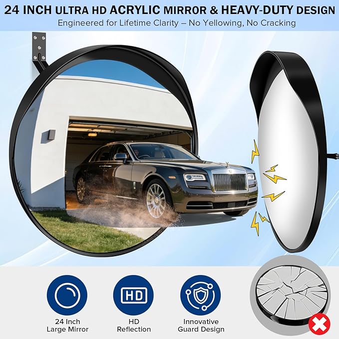 New 24 Inch Acrylic Convex Mirror with Rain-shield - Adjustable Wide Angle View Traffic Mirror Indoor Outdoor, Wall Mounting Blind Spot for Garage Warehouse, School, Store Safety and Office