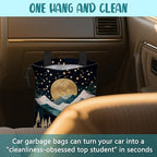 Car Trash Bag Golden Moon Snowy Mountains Hanging Drawstring Car Organizer and Storage Bag with Adjustable Buckle Canvas Garbage Bin for Back Seat or Hanging Headrest Car Decor
