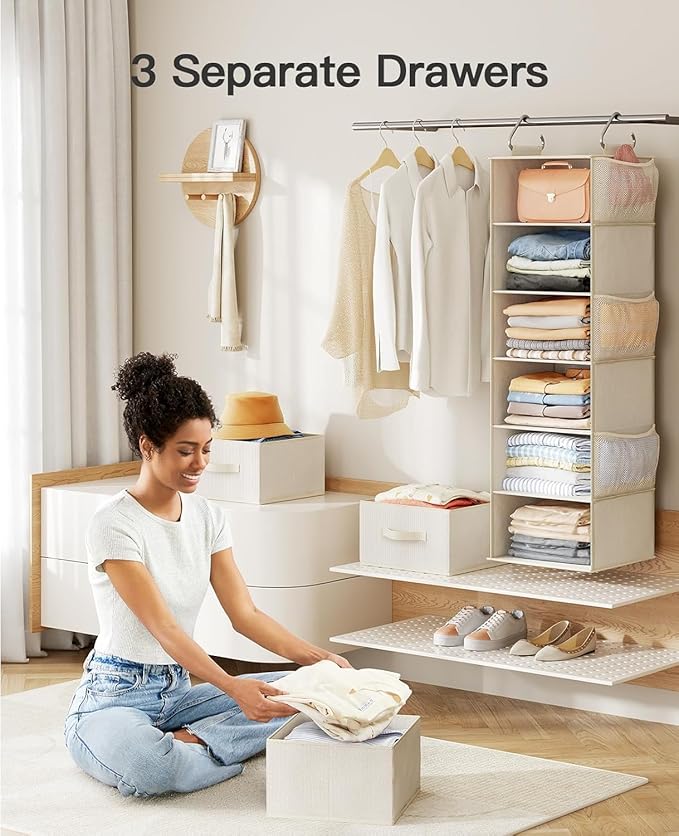 Pipishell Hanging Closet Organizer 6-Shelf, Hanging Shelves for Closet with 3 Removable Drawers & Side Pockets for Bedroom, G