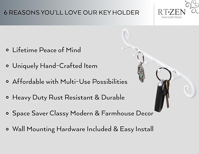 RTZEN Farmhouse Small Key Holder for Wall - Handcrafted Swirl Decorative 5 Key Hooks for Home Entryway - Wrought Iron Wall Mo