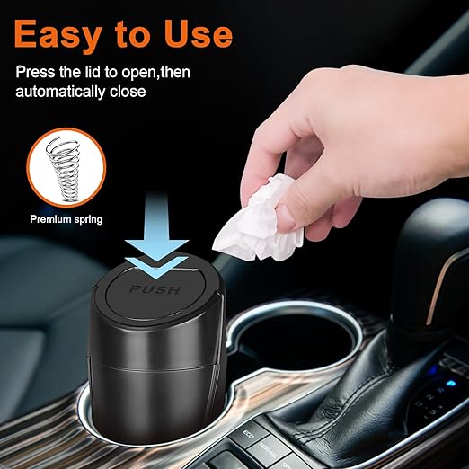 Car Trash Can, 2 Packs Mini Car Trash Bin with Lid, Leakproof Cup Holder Car Garbage Can with 60 Trash Bags, Vehicle Front Back Seat Organizers and Storage for Car, Home, Office, Black