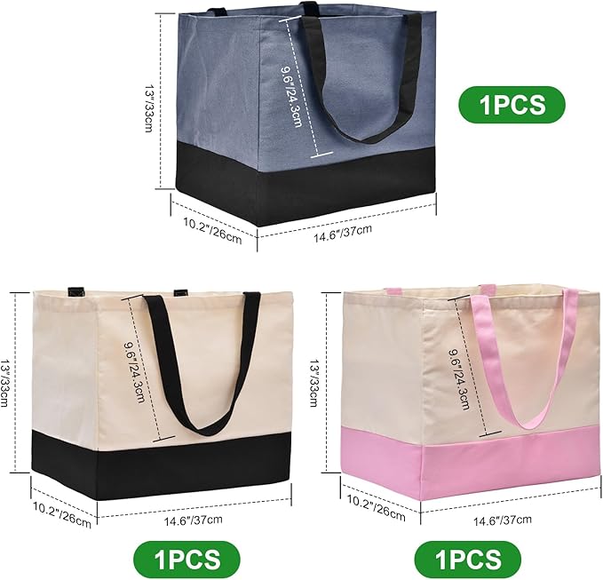 3 Pack Canvas Reusable Grocery Bags Heavy Duty（Blue + Pink + Black）, 8.3 gal Foldable Large Tote Bag with Handles, Holds 60 lbs Canvas Shopping Bags & Washable Eco-friendly Bags with 5 Pockets