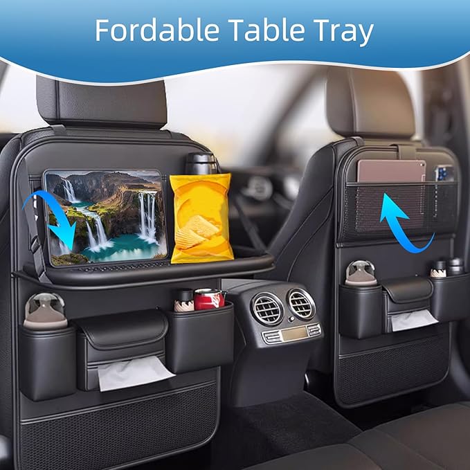 2 Pack Leather Car Backseat Organizer with Foldable Table Tray, Car Storage Organizer with Tablet Holder, Car Seat Back Protectors Kick Mats Travel Accessories