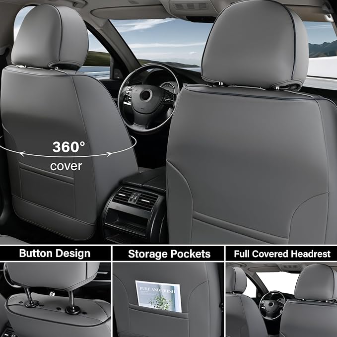 Coverado Car Seat Covers Full Set, Gray Seat Covers for Cars, Waterproof Nappa Leather Automotive Seat Covers with Lumbar Hea