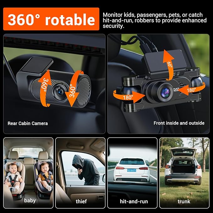 4K 360° Dash Cam for Cars, 4 Channel Front Rear Inside with 128GB Card, Super Night Vision, Fastest 5.8GHz WiFi GPS, Voice Co