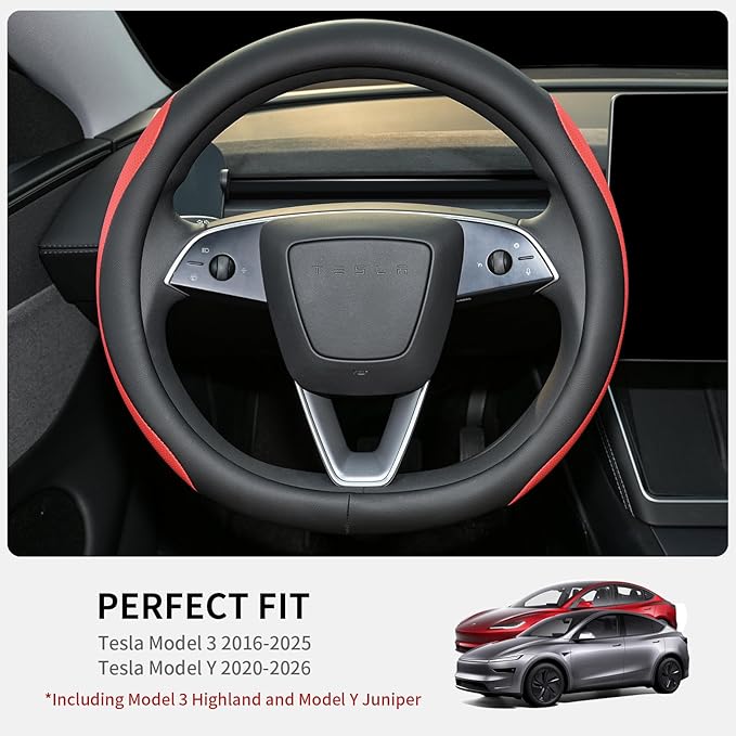 Nappa Leather Steering Wheel Cover for Tesla Model 3/Y 2016-2025 2026 Juniper/Highland, Non-Slip Breathable Tesla Model 3/Y Steering Wheel Protector, Red
