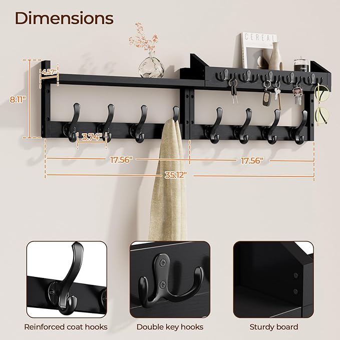 Evermagin 35" Coat Rack Wall Mount with Shelf, 4 in 1 Wall Mounted Coat and Key Hanger with 13 Hooks, Entryway Key Holder wit