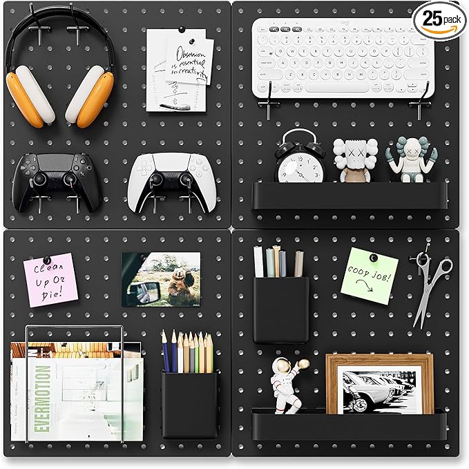 FZK Peg Board, 25pcs PegBoard Wall Organizer, 12in*12in, Includes 4 Black Pegboard and Accessories, Plastic PegBoard for Room