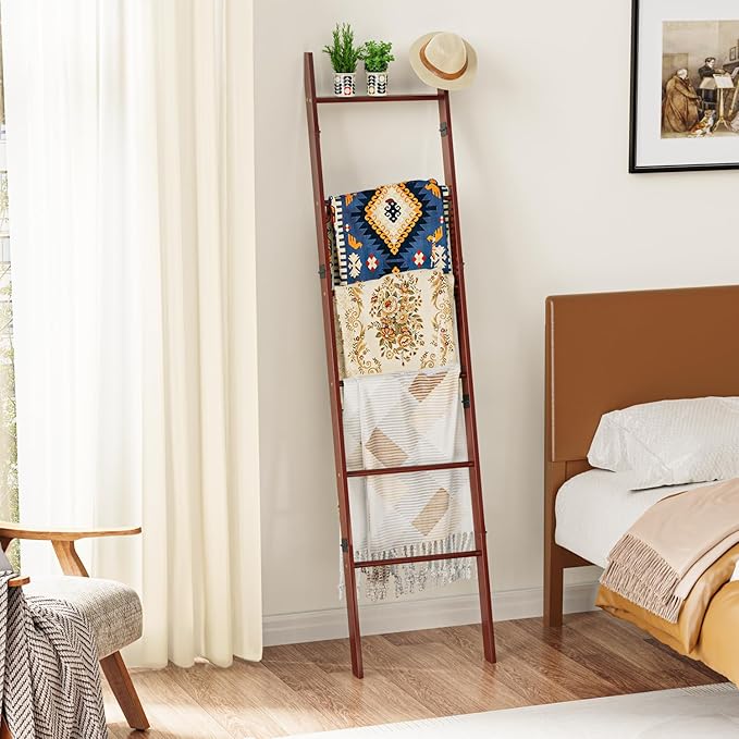 BAMBANG 6-Tier Blanket Ladder for Living Room, Blanket Quilt Ladder Rack Rustic Decorative Towel Holder, Wall Leaning Blanket