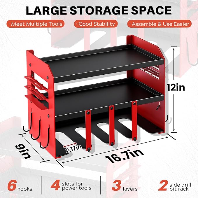 Power Tool Organizer Wall Mount - 120Lbs Load 3 Layers Storage Rack 4 Drill Holders for Drills Cordless Heavy Duty lron Garag