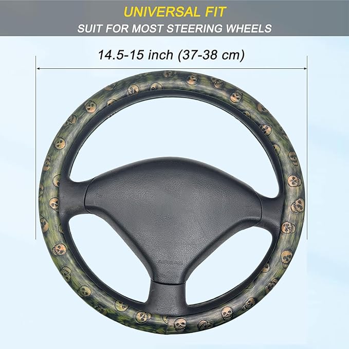 Embossed Skull Steering Wheel Cover, Skull Car Accessory, Microfiber Leather with Anti-Slip Lining, Fits 14.5"-15" Steering Wheels (Black Gold Green)