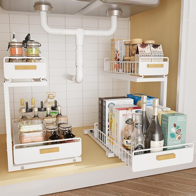 2 Pack Under Sink Organizer with Ball Bearing Sliding Drawer, Heavy Duty Pull Out Cabinet Organizer, 2 Tier Adjustable Storag