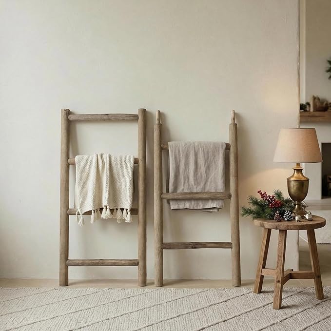 Wooden Blanket Ladder - 76in Natural Wood Color- Leaning Wall Decor for Bedroom, Bathroom, Living Room - Rustic Quilt Holder 