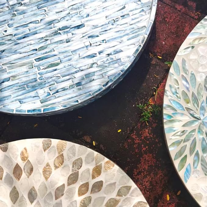 i-lan 17-inch Mother of Pearl Lazy Susan – Blue Brick Pattern Rotating Turntable with Smooth Spin, Large Decorative Tray for 