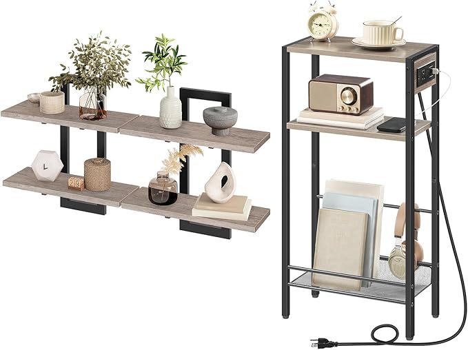 HOOBRO Floating Shelves and Console Table Bundle, Wall Mounted Shelf Set of 2, 15.7" Narrow Entryway Table with Charging Stat