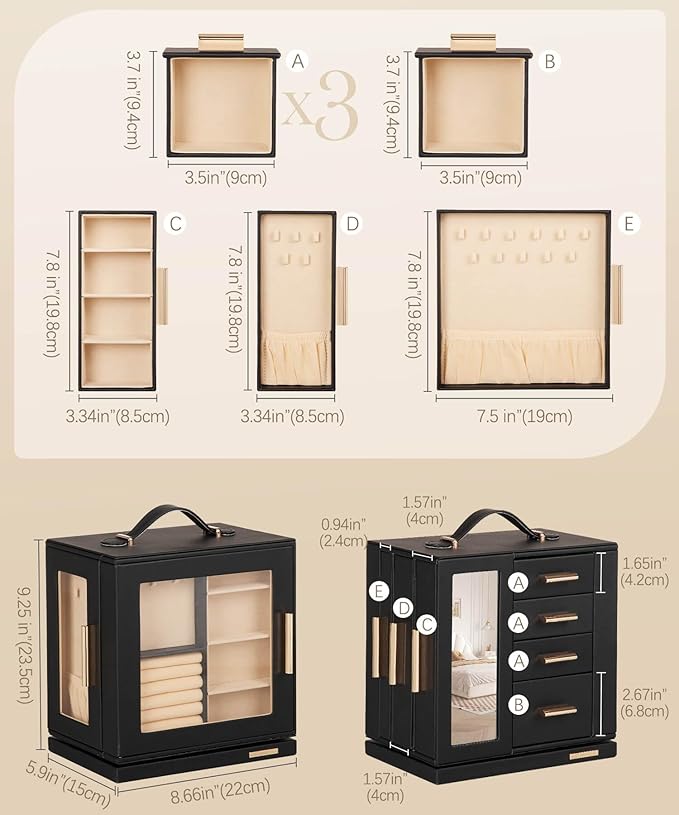 Homde Jewelry Box for Women Large: Rotating Organizer for Ring Earring Necklace Bracelet - 7 Drawers Storage for Dresser (Bla