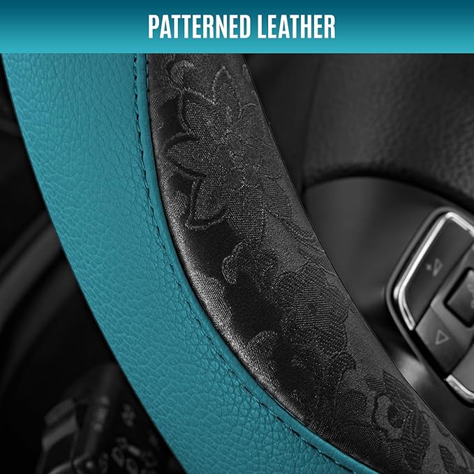 PIC AUTO Steering Wheel Cover, Black Patterned & Blue Leather Patchwork Design, Universal Fit 14.5"–15.5", Anti-Slip, Odor-Fr