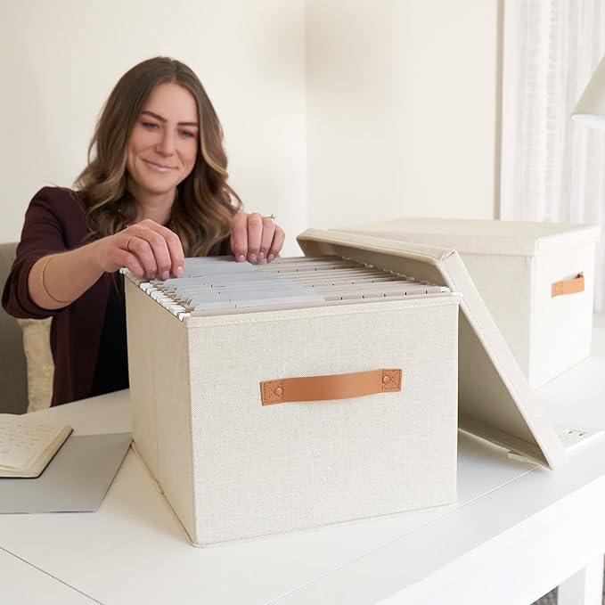 ZICOTO Decorative File Organizer Box Set of 2 - Collapsible Linen Filing Cabinets w/Handles Are Perfect to Store all Your Doc