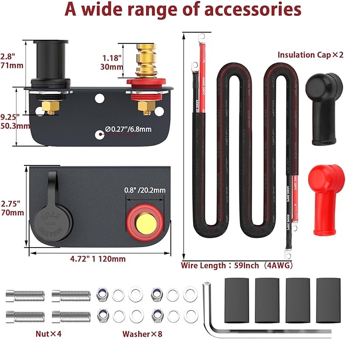 Battery Jump Post Kit with 59.06inch Cable and Metal Insulation Mounting Bracket,Outdoor Heavy Duty Remote Battery Charging Posts Battery Terminals Relocation Kit(Side Mount Kit)