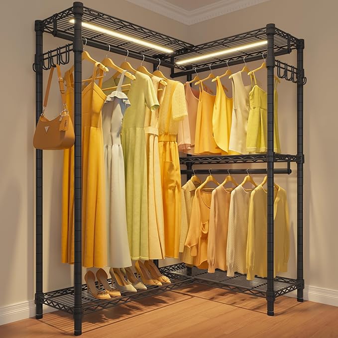 VIPEK L4L Portable Closet with Dimmable LED Lights, L Shaped Clothes Rack for Corner Space-Saving Storage, 3 Hanger rods for 
