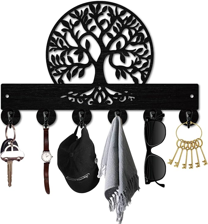 Tree of Life Key Holder Black Key Holder Wall Mount 11.8 x 7.5 Inch Botanical Theme Wooden Keychain Hanger Organizer Rack wit