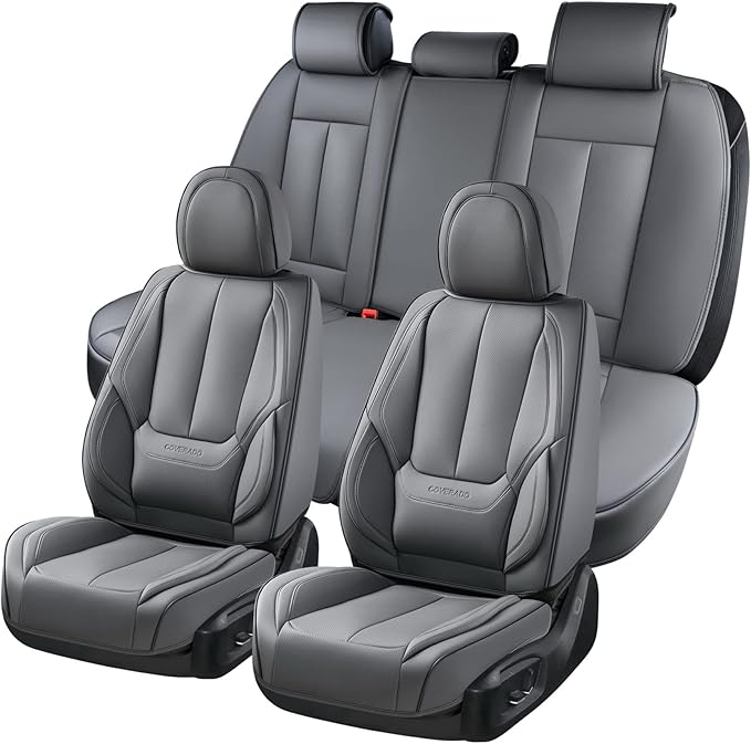 Coverado Car Seat Covers Full Set, Seat Covers for Cars, Gray Car Seat Protector Waterproof, Nappa Leather Car Seat Cushion, 